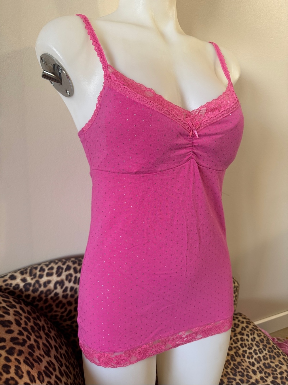 Early 2000s Aerie Pink Lace Cami with Silver Glitter Polka Dots Tank Bow